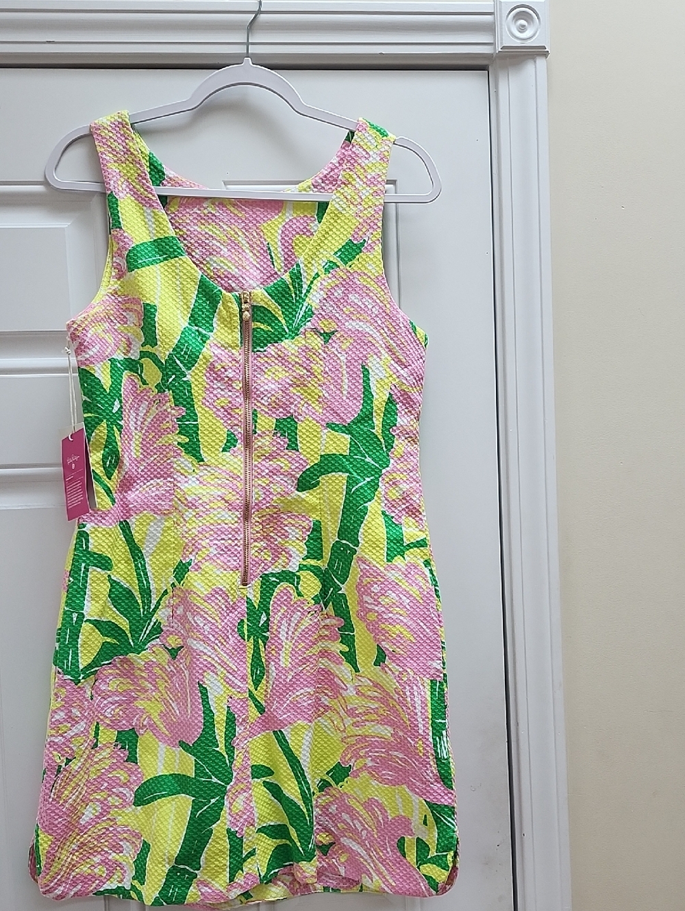Lilly Pulitzer Pink Floral Shift with Green Leaves on Yellow